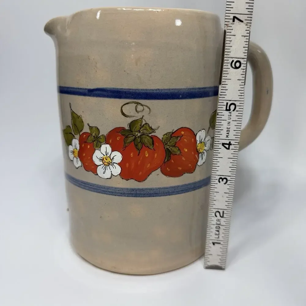 Vtg Stoneware Crock Pottery Pitcher Cobalt Blue Stripe Handpainted Strawberries